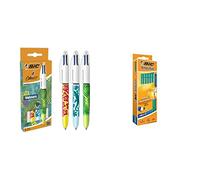 BIC 4 Couleurs Velours Stylos-Bille Pointe Moyenne (1,0 mm) - Motifs Assortis, Pack de 3 Bleu/Vert/Rouge/Noir & Evolution Original Crayons à Papier avec Gomme Intégrée - HB, Boîte de 12