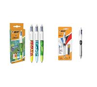 BIC 4 Couleurs Velours - Stylos-Bille Rétractables Pointe Moyenne (1,0 mm) - Motif Jungle, Fleurs et Gecko, Boîte de 3 4 Couleurs 3+1 HB (1,0mm + 0,7mm Porte-Mines), Blister de 1 + 12 Mines