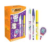 BIC Animaux Fantastiques - Stylos-Bille Pointe Moyenne (1,0 mm), Surligneurs Fluo et Pastel Pointe Biseautée, Souris Correctrice - Motifs Assortis, Boîte de 15