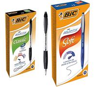 BIC Atlantis Classic Stylos-Bille Rétractables Pointe Moyenne (1,0 mm) - Noir, Boîte de 12 & Ecriture Atlantis Soft Stylos-Bille Retractables Pointe Moyenne (1,0 mm) - Encre Bleue, Boîte de 12