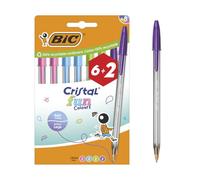 BIC Cristal Fun Colours Stylos-bille Pointe Large (1,6 mm) avec encres fantaisie - Couleurs assorties, pack de 8 (6+2 offerts)