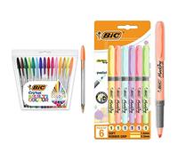 BIC Cristal Multicolour Stylos-Bille (Pointe Large (1,6 mm)) - Couleurs Assorties, Pochette de 15 & Highlighter Grip Surligneurs (Pointe Biseautée) - Couleurs Pastel Assorties, Blister de 6