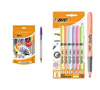 BIC Cristal Multicolour Stylos-Bille Pointe Large (1,6 mm) - Couleurs Assorties, Pochette Refermable de 20+7 & Highlighter Grip Surligneurs, Couleurs Pastel Assorties, Blister de 6