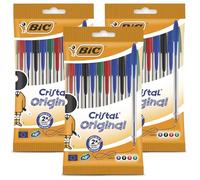 BIC Cristal Original Lot de 3 stylos à bille à pointe fine de 1 mm, couleurs assorties, stylos fiables pour l'école et le bureau, écriture lisse, prise en main confortable, durable et durable