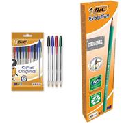 BIC Cristal Original Stylos-Bille - Couleurs Assorties, Un Paquet de 10 & Ecriture Evolution Original Crayons à Papier Gris - Certifiés NF Environnement - Pointe HB, Boîte de 12