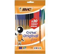 BIC Cristal Original Stylos-Bille Pointe Fine (0,8 mm) - Écriture Fine et Précise - Couleurs Assorties, Pochette Format Spécial de 20