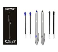 BIC Cristal Re'New Gift Box, stylo à bille rechargeable en métal, couleur bleu et noir, 2 stylos + 4 recharges, stylos de cadeau, école et bureau