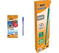 BIC Cristal Soft Stylos-Bille Pointe Moyenne (1,2 mm) - Couleurs Assorties, Pochette Format Spécial de 20 & Evolution Original Crayons à Papier avec Gomme Intégrée, Pointe HB, Boîte de 12
