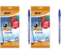 BIC Cristal Soft Stylos-Bille Pointe Moyenne (1,2 mm) - Écriture Douce et Fluide - Couleurs Assorties, Pochette Format Spécial de 20 (Lot de 2)