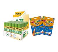 BIC ECOlutions Bâtons de Colle Blanche - 8 g, Boîte de 30 & Kids Evolution ECOlutions Crayons de Couleur - Couleurs Assorties, Lot de 2 Etuis Carton de 18