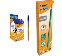 BIC Ecriture Cristal Original Stylos-Bille Pointe Fine (0,8 mm) - Encre De Couleur Bleue, Boîte de 50 & Evolution Original Crayons à Papier avec Gomme Intégrée, Pointe HB, Boîte de 12