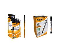 BIC Ecriture Cristal Original Stylos-Bille Pointe Fine (0,8 mm) - Encre De Couleur Noire, Boîte de 50 & Marking 2000 ECOlutions Marqueurs Permanents à Pointe Conique Moyenne - Noir, Boîte de 12