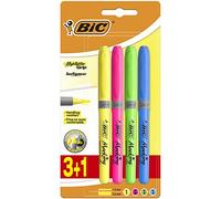 BIC Highlighter Grip Surligneurs Pointe Biseautée - Couleurs Fluo Assorties, Blister de 3+1