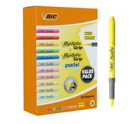 BIC Highlighter Grip Surligneurs Pointe Biseautée - Couleurs Fluo Assorties Intenses et Pastel, Boîte de 24