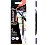BIC Marqueur Intensity Dual Tip - Pointe biseautée fine - 6 unités Bleu/Vert/Pêche/Rose/Violet/Jaune
