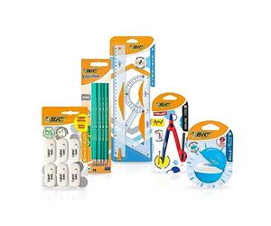 BIC Kit De Fournitures Scolaires Pour Enfant Avec 1 Compas D’apprentissage, 3 Instruments De Géométrie, 10 Crayons Graphite, 1 Taille-crayon et 6 Gommes - Pack de 21