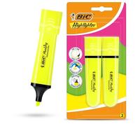 BIC Lot de 2 surligneurs plats en plastique avec encre jaune fluo fluo pour des notes lisses et précises, idéal pour l'école et le bureau