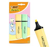 BIC Lot de 2 surligneurs plats en plastique avec encre jaune pastel et verte pour des notes lisses et précises, idéal pour l'école et le bureau