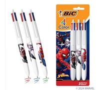 BIC Lot de 3 stylos à bille rétractables 4 couleurs avec thème Spider-Man de Marvel, pointe moyenne polyvalente, encre assortie