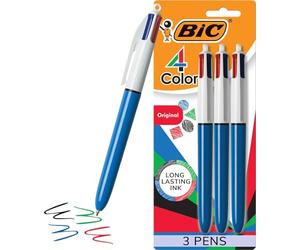 BIC Lot de 3 stylos à bille rétractables originaux 4 couleurs, pointe moyenne (1 mm), stylo à bille rétractable avec encre longue durée