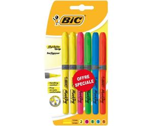 BIC® - Lot de 6 Surligneurs Brite Liner - Plastique - Jaune, rose, vert, bleu et orange