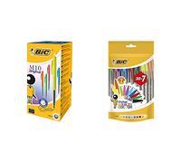 BIC M10 Original Stylos-Bille Rétractables Pointe Moyenne (1,0 mm) Couleurs Fantaisie - Bleue, Boîte de 50 & Cristal Multicolour Stylos-Bille Pointe Large (1,6 mm) - Couleurs Assorties
