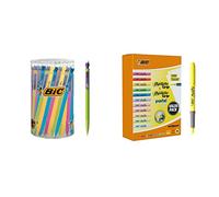 BIC Matic Fun Porte-Mines 0,7 mm HB - Couleurs Assorties, Tubo de 60 & Highlighter Grip Surligneurs Pointe Biseautée - Couleurs Fluo Assorties Intenses et Pastel, Boîte de 24