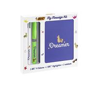 Bic My Message Dreamer Kit - Kit de Papeterie avec 1 Stylo à Bille 4 Couleurs, 1 Surligneur Grip Green, 1 Carnet de notes A6 Blanc
