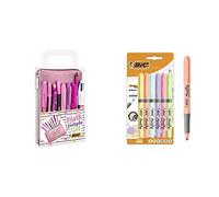 BIC Pink & Purple Party Set - 1 Trousse, 2 Stylos-Bille/1 Stylo Gel Effaçable/1 Crayon à Papier & Highlighter Grip Surligneurs - Couleurs Pastel Assorties, Blister de 6