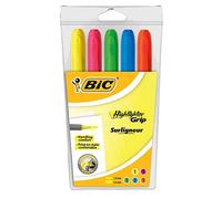 BIC Surligneurs Brightliner Grip – Pochette de 5 – Pointe biseautée – Couleurs fluo assorties