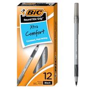 Bic Round Stic Grip Stylo bille à pointe moyenne M 12 Count noir | Pointe moyenne de 1,2 mm | Design ergonomique pour un confort amélioré | Débit d'encre fluide pour une écriture sans effort