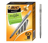 BIC Round Stic Xtra Life (GSM609-BLK), pointe moyenne (1 mm), noir, lot de 60, corps rond flexible pour un confort d'écriture (lot de 9, 540 pièces au total)