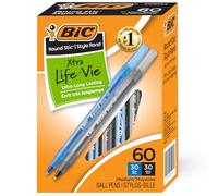 BIC Round Stic Xtra Life Lot de 60 stylos à bille, 1 mm, noir et bleu