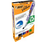 BIC Velleda 1751 ECOlutions Feutres pour Tableau Blanc Effaçables à Sec à Pointe Moyenne Biseautée - Couleurs Assorties, Etui Carton de 4
