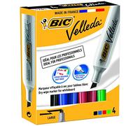 BIC Velleda 1781 Feutres pour Tableau Blanc Effaçables à Sec Pointe Biseautée Large - Couleurs Assorties, Boîte de 4