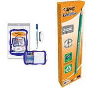 BIC Velleda Ardoise Ecolier Double Face (21x31 cm) Effaçable à Sec avec 8 Feutres Effaçables à Sec et Effacette - Bleue, Lot de 1 & Evolution Original Crayons à Papier avec Gomme Intégrée, Boîte de 12