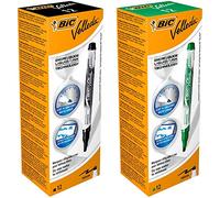 BIC Velleda Feutres pour Tableau Blanc Effaçables à Sec Pointe Conique Large - Noir, Boîte de 12 & Velleda Feutres pour Tableau Blanc Effaçables à Sec Pointe Conique Large - Vert, Boîte de 12