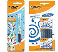 BIC Xpen Stylo-Plume Rechargeable Encre Bleue - Décor Ananas, Blister de 1 & Cartouches d'Encre Courtes Standard pour Stylos-Plume - Bleu Effaçable, Blister de 24
