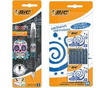 BIC Xpen Stylo-Plume Rechargeable Encre Bleue - Décor Tête de Mort, Blister de 1 & Cartouches d'Encre Courtes Standard pour Stylos-Plume - Bleu Effaçable, Blister de 24