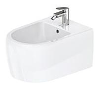Bidet mural Duravit Collection One, référence 2263150000, 38,5 x 57 cm, avec trou de robinetterie, trop-plein et plateforme, finition blanc brillant.