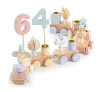 Bieco Train anniversaire en bois - Décoration de table Candy Look 0 à 99 ans avec 6 bougies - Bougies d'anniversaire pour fille - Couronne