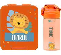 BIENMARQUER - Coffret avec gourde personnalisable pour enfants et boîte à goûter personnalisée en plastique pour enfants - Gourde avec paille, capacité 450 ml - 100% sans BPA (Orange)