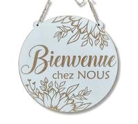 Bienvenue chez nous plaque the porte en bois avec un motif de fleur Ronde Diamètre 20 cm - Épaisseur 6 mm