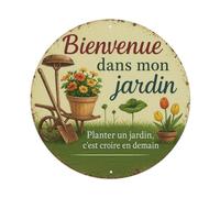 Bienvenue Dans Mon Jardin, Plaque en métal rétro ronde en étain, décoration murale vintage pour maison, bar, café, poster en métal 20,3 x 20,3 cm