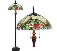 Bieye L30740 Lampadaire en verre teinté de style Tiffany à fleurs roses avec abat-jour de 18 pouces de large pour lire la chambre de travail, 3 lumières, 65 pouces de hauteur