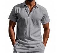 Big Shirts Polo pour homme Col ample Bouton Coton Lin T-shirt à manches courtes Hauts pour homme Coton Lin Chemise de travail T-shirt décontracté pour homme, gris, L
