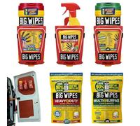 Big Wipes Van System - Produits de nettoyage industriels tout-en-un avec lingettes nettoyantes, lingettes pour les mains, spray puissant et 3 supports de distributeur - Kit de nettoyage à main robuste