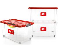 BigDean, ensemble de 3 boîtes de rangement de 60 litres avec couvercle, grande taille, de couleur rouge. Boîtes robustes et empilables, avec des fermetures à cliquet intégrées et des roulettes. Fabriq
