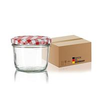 BigDean Lot de 12 bocaux à confiture de 125 ml pour pasteurisation jusqu'à 66 - Fabriqués en Allemagne - Avec couvercle à visser - Motif à carreaux - Bocaux à miel - Idéal comme cadeau d'invité.
