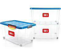 BigDean, lot de 3 bacs de rangement de 60 L avec couvercle, grand format, bleu azur - bacs robustes et empilables - bacs empilables à roulettes avec fermetures à clic solides